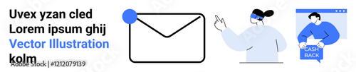 Envelope with notification, person pointing at screen, cash back message. Ideal for email marketing, customer engagement, financial services, promotions, notifications, mobile apps, web design