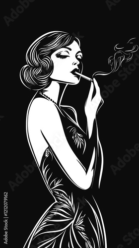 Art Deco Vintage Illustration of Flapper Woman Smoking Cigarette