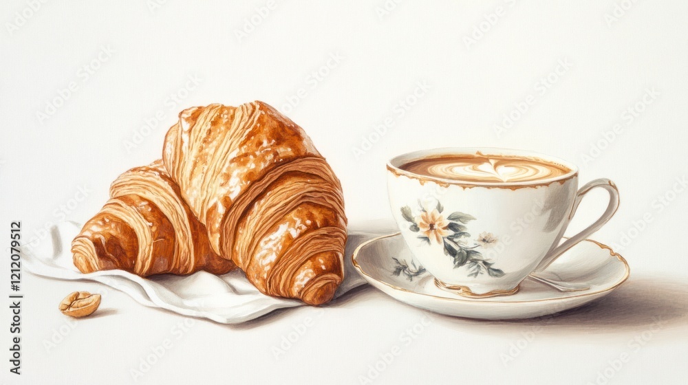 A coffee and croissant pairing on a breakfast table, evoking a classic and comforting mood, on a solid white background. A coffee and croissant pairing on a breakfast table, evoking a classic and comforting mood, on a solid white background.