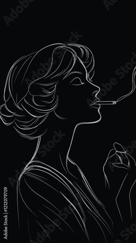 Art Deco Vintage Illustration of Flapper Woman Smoking Cigarette