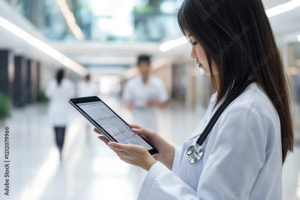 Fototapeta premium A woman wearing a white lab coat holds a tablet computer, suitable for medical or educational settings
