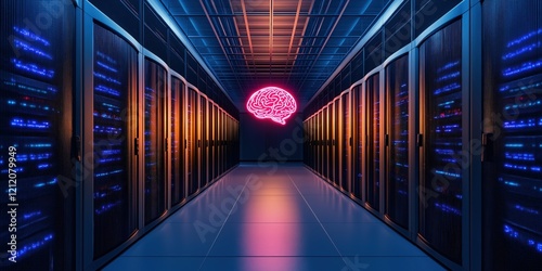 A futuristic data center with rows of glowing orange and blue servers, a neon holographic cloud icon hovering in the air