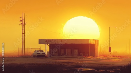 Desolate Gas Station Sunset - Post-Apocalyptic Scene photo