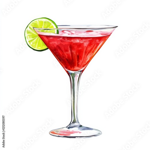 A vibrant cosmopolitan with a slice of lime on the rim, bright and stylish, isolated white background