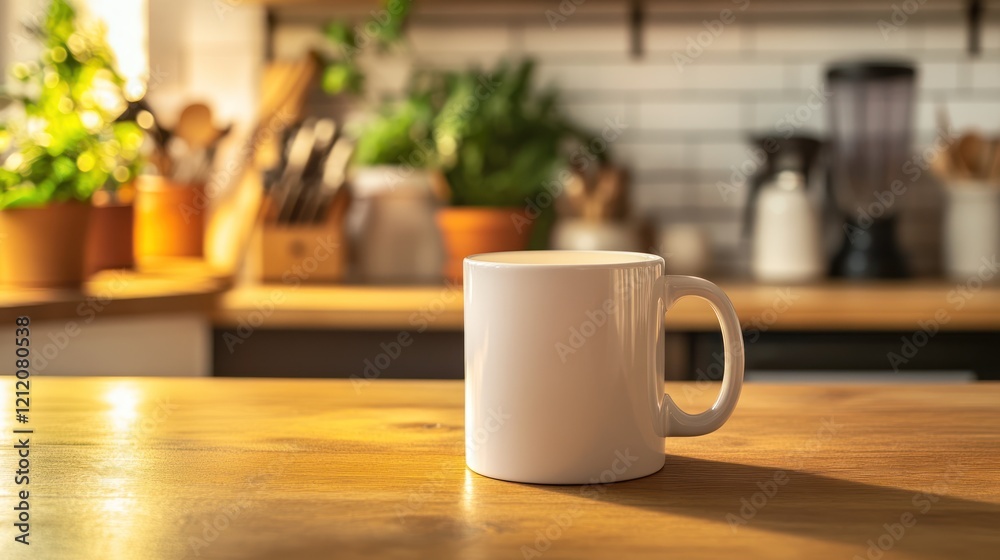 Fototapeta premium A coffee mug mockup in a warm, homey kitchen setup, highlighting personal branding opportunities.