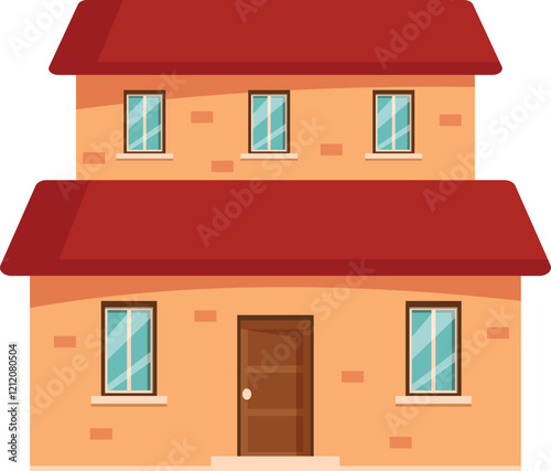 Cozy two story house featuring a red tile roof, brick walls, and a wooden front door, ideal for real estate or architectural concepts