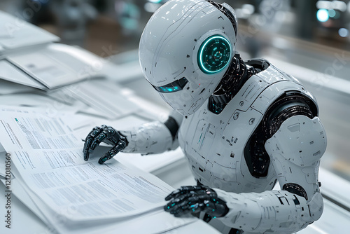 3D rendering of robot hominoid reading book, writing and solving math data analytics in concept of future mathematics artificial intelligence, data mining and 4th fourth industrial revolution .
