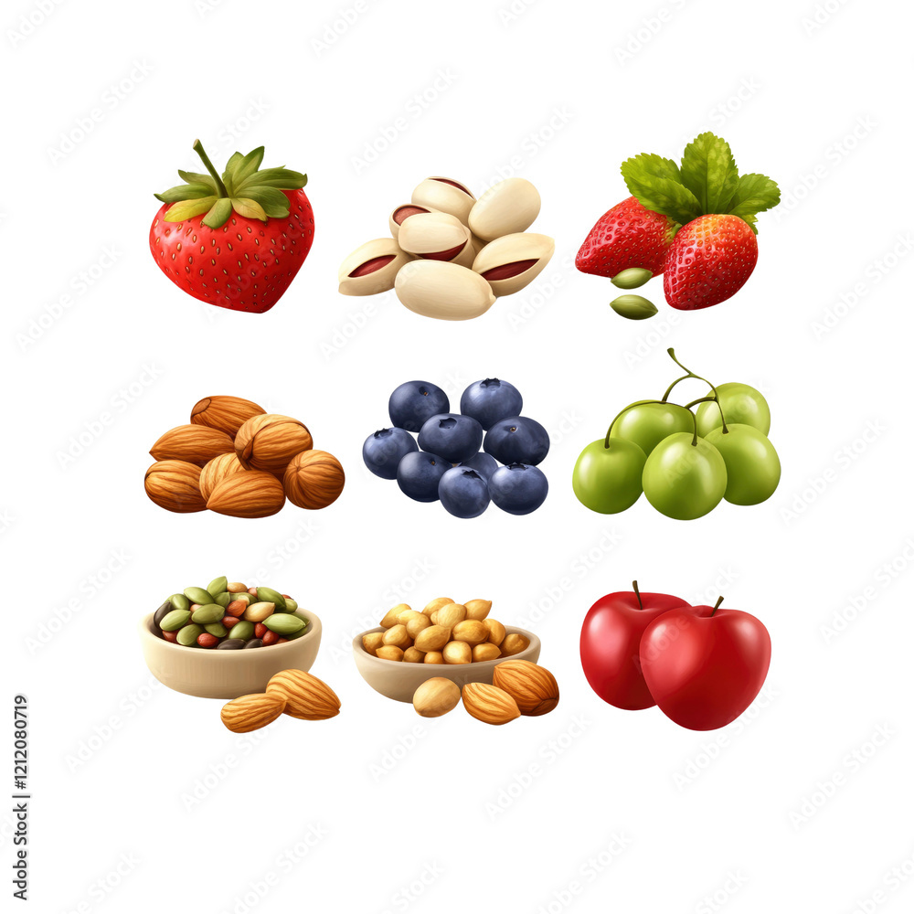 Assortment of Healthy Nuts, Seeds, and Fruits - Vibrant Food Collage Assortment of Healthy Nuts, Seeds, and Fruits - Vibrant Food Collage