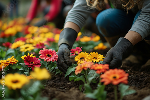 A group of volunteers planting colorful flowers in a community garden. Bright lighting, contrast