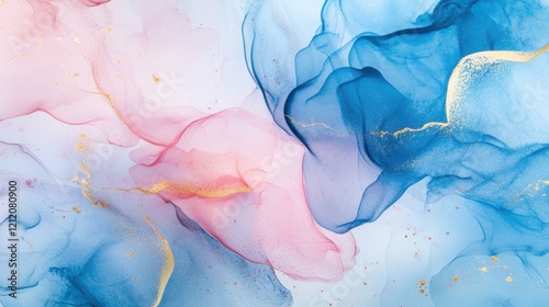 Abstract Background, texture for design. Delicate airy pastel pink and light blue colors on a plain white background, isolated ink in water on a white background.
