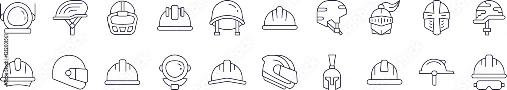 Bundle of Helmet Related Line Icons. Outline Signs for Graphic and Web Design, Apps, Adverts, Various Cards Bundle of Helmet Related Line Icons. Outline Signs for Graphic and Web Design, Apps, Adverts, Various Cards