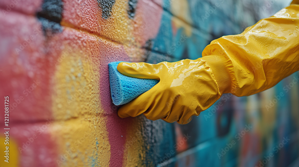 A person wearing gloves and cleaning graffiti from a wall with a sponge. Bright lighting, contrast