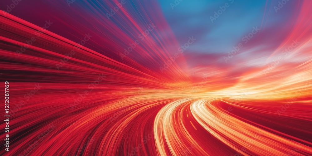 Obraz premium A mesmerizing long-exposure photograph of a highway at sunset, capturing the vivid streaks of red and white light trails from fast-moving vehicles