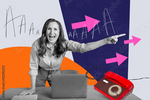 Creative poster collage of angry old businesswoman scream reprimand point out dismissal workplace laptop telephone ring tension