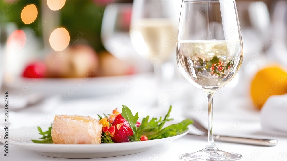 Festive salmon dinner, Christmas lights background, elegant table setting, holiday meal Festive salmon dinner, Christmas lights background, elegant table setting, holiday meal