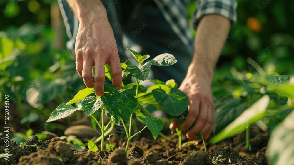Close-up of a farmer's hands planting seedlings in the ground Close-up of a farmer's hands planting seedlings in the ground
