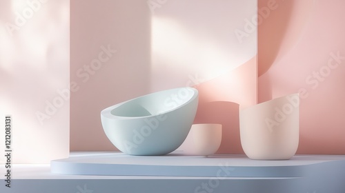 A serene display of minimalist ceramic bowls in soft pastel colors, arranged on a smooth surface with gentle shadows, creating a calming atmosphere for interior design inspiration