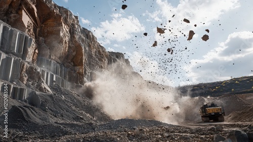 Rock blasting operation in an open pit quarry with a large vehicle nearby producing dust and flying debris