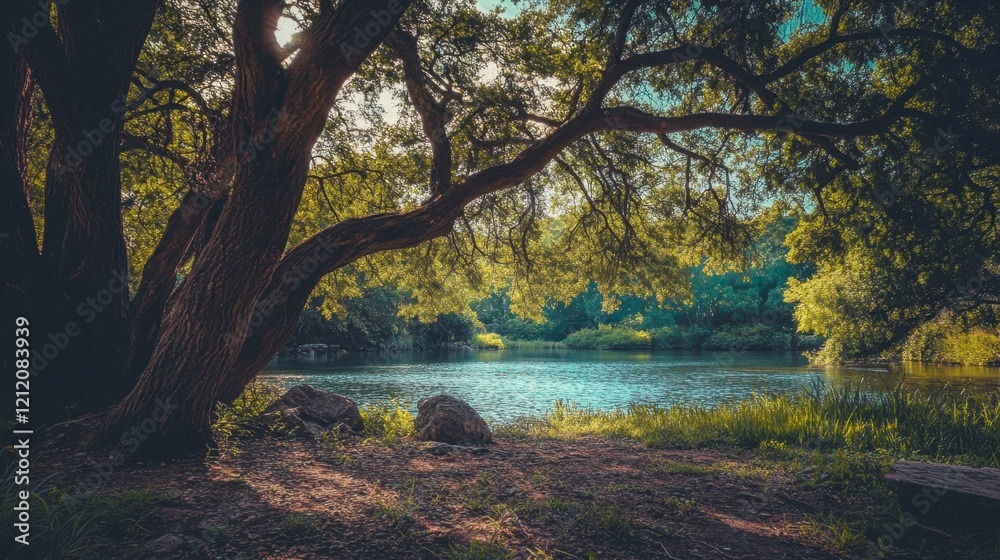 Fototapeta premium Majestic Oak Tree Overlooking Serene River Scene - Peaceful Nature Photography
