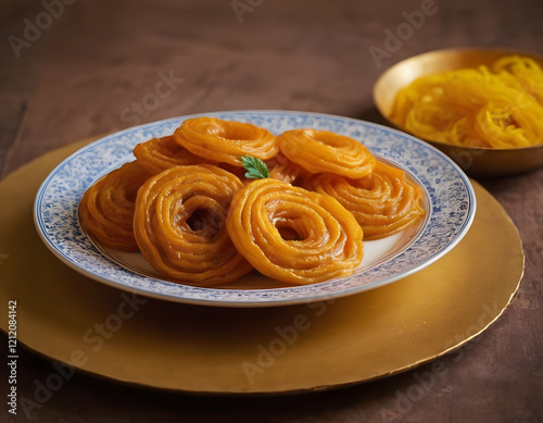 Sweet Jalebi dipped in sugar syrup is a traditional Pakistani sweet dish. Delicious oriental sweets. Concept of Indian cuisine, Dessert, Traditional food photo