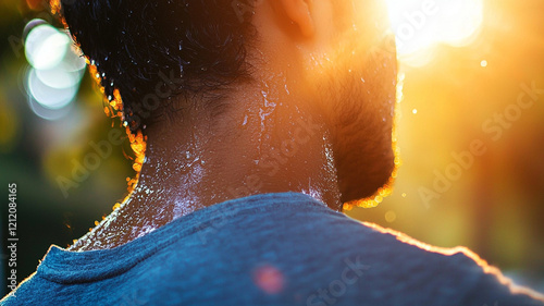 Sweat trickles down back of man, illuminated by sunlight
