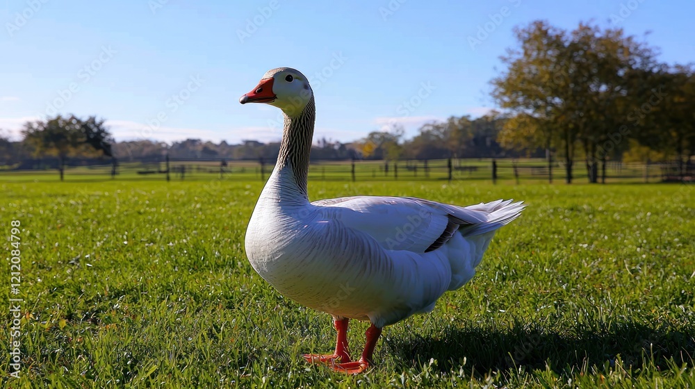 A close-up of a goose standing on green grass with a clear blue sky.