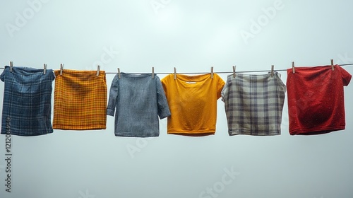 A line of clothes hanging on a clothes line in a backyard