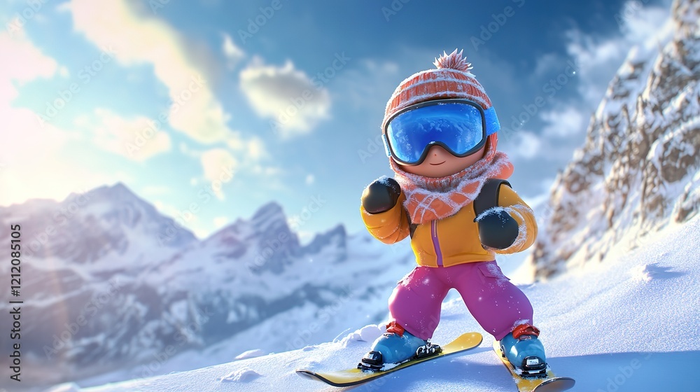 Adorable Little Skier with Goggles on Snowy Mountain Outdoors, 3D Anime Style Adorable Little Skier with Goggles on Snowy Mountain Outdoors, 3D Anime Style