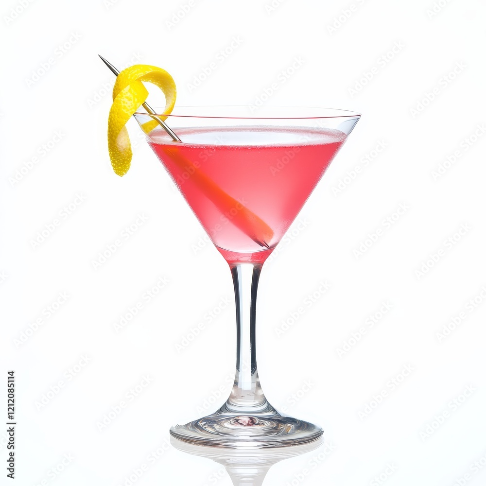 A vibrant cosmopolitan with a translucent pink hue, garnished with a skewered lemon twist, against an isolated white background A vibrant cosmopolitan with a translucent pink hue, garnished with a skewered lemon twist, against an isolated white background