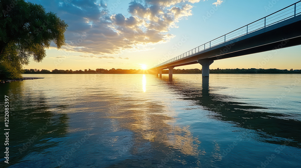 bridge silhouetted against dusky sunset over calm water bridge silhouetted against dusky sunset over calm water