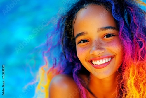 Long hairdo - multicolored hair. Commercial commercial idea. Gorgeous smiling mixed-race girl - for ads, marketing material and online promotion use. African elegance advertising portraits. photo