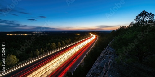 A stunning long-exposure nighttime photograph of a highway cutting through a forested landscape