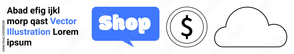 Blue speech bubble with Shop text, black dollar sign in circle, and black cloud outline. Ideal for e-commerce, finance, cloud services, online retail, and digital marketing. Banner for landing page Blue speech bubble with Shop text, black dollar sign in circle, and black cloud outline. Ideal for e-commerce, finance, cloud services, online retail, and digital marketing. Banner for landing page