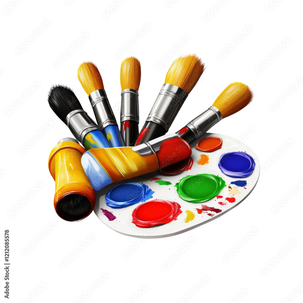 Fototapeta premium Vibrant Paintbrushes and Palette with Colorful Paints