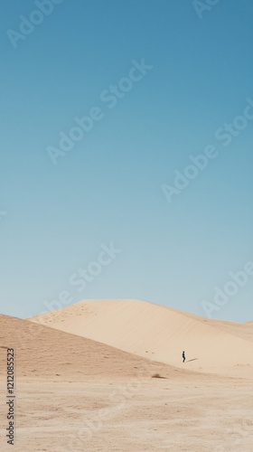 Desert Solitude: A lone figure walks across the vast expanse of rolling sand dunes under a clear, cloudless sky. The image evokes a sense of isolation, peace, and the immensity of the natural world. 