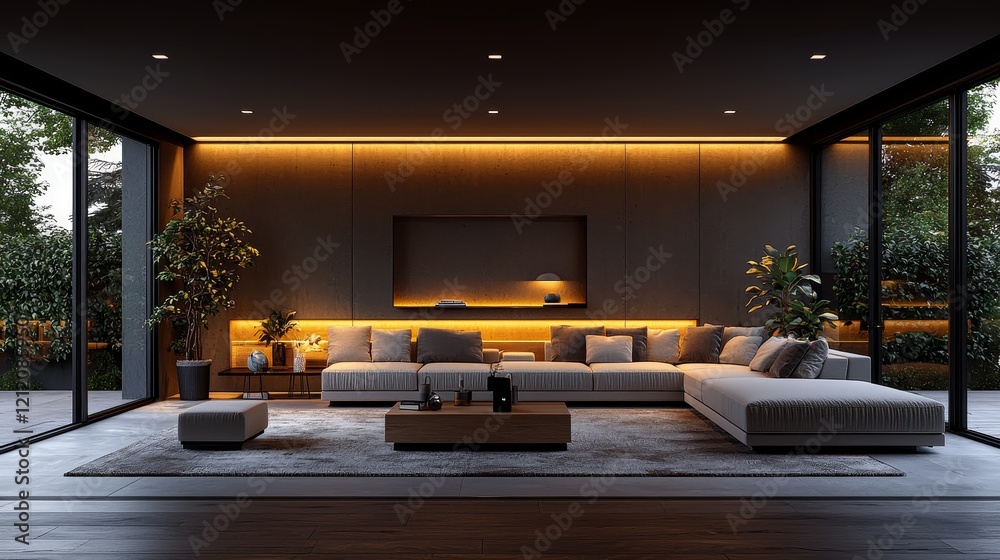 Fototapeta premium Modern and stylish living room with an elegant design showcasing ambient lighting and lush greenery through large glass windows