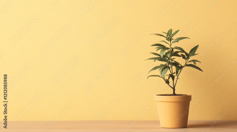 Small potted plant on yellow background. Small potted plant on yellow background.