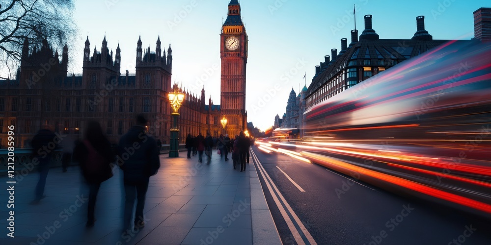 Obraz premium A vibrant long-exposure shot of London’s Big Ben at night, with dynamic streaks of colourful light trails from passing double-decker buses and vehicles creating a sense of motion and energy