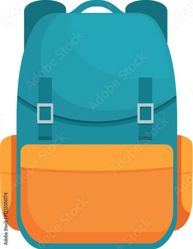 Turquoise and orange hiking backpack featuring buckles and pockets, ideal for carrying essentials during outdoor activities