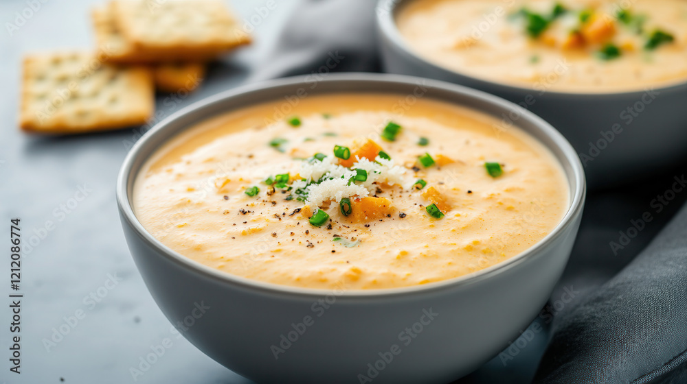 Delicious pumpkin and orange zucchini soup topped with parmesan cheese crackers in vibrant bowls, pumpkin dish, autumn menu Delicious pumpkin and orange zucchini soup topped with parmesan cheese crackers in vibrant bowls, pumpkin dish, autumn menu