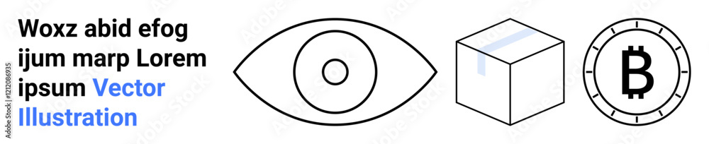 Text block, eye symbol, 3D cube, and cryptocurrency symbol. Ideal for technology, finance, blockchain, digital security, futuristic design, data visualization, financial technology. Landing page Text block, eye symbol, 3D cube, and cryptocurrency symbol. Ideal for technology, finance, blockchain, digital security, futuristic design, data visualization, financial technology. Landing page
