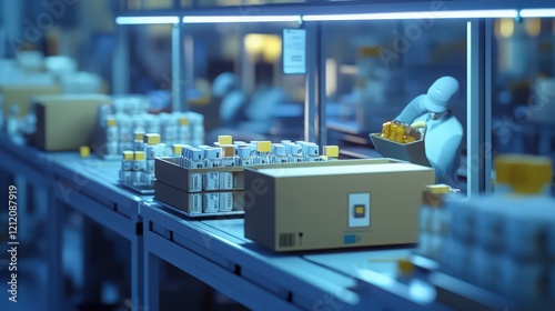 Automated pharmaceutical production line with boxes and vials in a factory setting