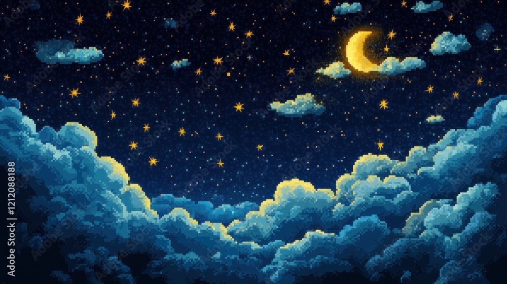 Fototapeta premium Pixel art night sky, crescent moon, clouds, stars, game background