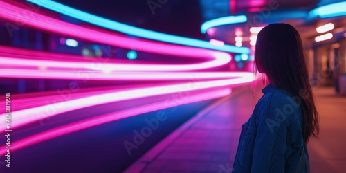 A woman stands on a street illuminated by colourful long exposure light trials