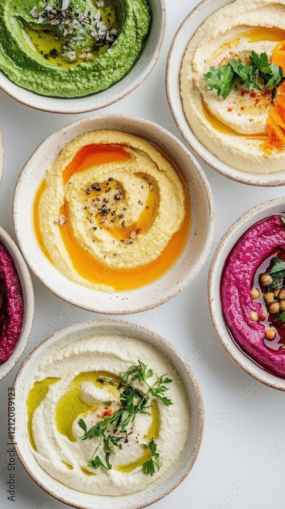 A vibrant display of five unique hummus varieties in white bowls on a light background for culinary inspiration, vegetarian, vegan dish, menu A vibrant display of five unique hummus varieties in white bowls on a light background for culinary inspiration, vegetarian, vegan dish, menu