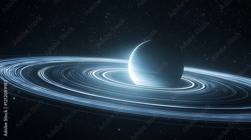 Fototapeta premium Glowing ringed planet in dark space; cosmic background; science fiction illustration; website header