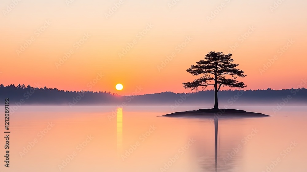 Serene sunset over tranquil lake with solitary tree on an island, reflecting calm waters Serene sunset over tranquil lake with solitary tree on an island, reflecting calm waters