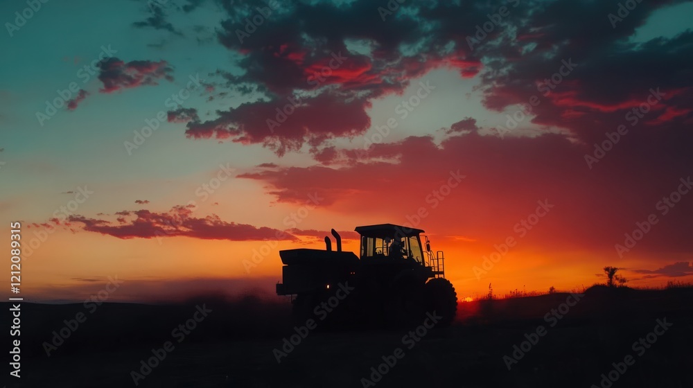Silhouette of a Tractor Working at Sunset with Vibrant Sky and Dust Trails Silhouette of a Tractor Working at Sunset with Vibrant Sky and Dust Trails