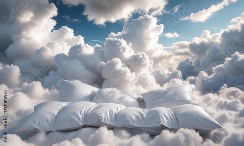 Dreamy scene of white feather pillows amongst clouds, sky-high, cushion, sleep, ethereal, vista
