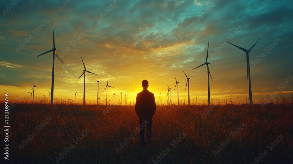 Man silhouetted at sunset, wind farm, energy Man silhouetted at sunset, wind farm, energy